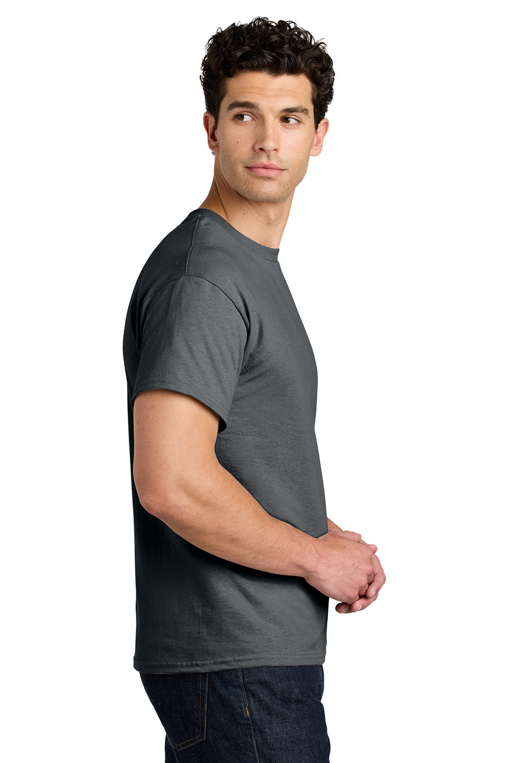 Gildan 5000/G500 Mens Short Sleeve Crewneck T-Shirt Tweed Grey Model Side