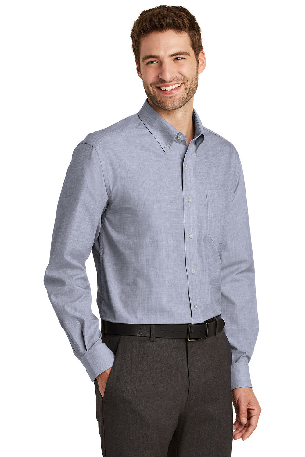 Port Authority S640/TLS640 Mens Easy Care Wrinkle Resistant Long Sleeve Button Down Shirt w/ Pocket Navy Blue Frost Model 3q