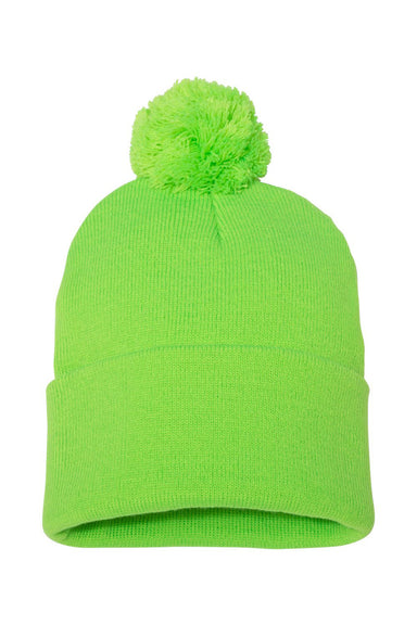 Sportsman SP15 Mens Pom-Pom Cuffed Beanie Neon Green Flat Front