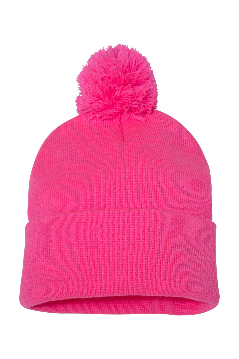 Sportsman SP15 Mens Pom-Pom Cuffed Beanie Neon Pink Flat Front