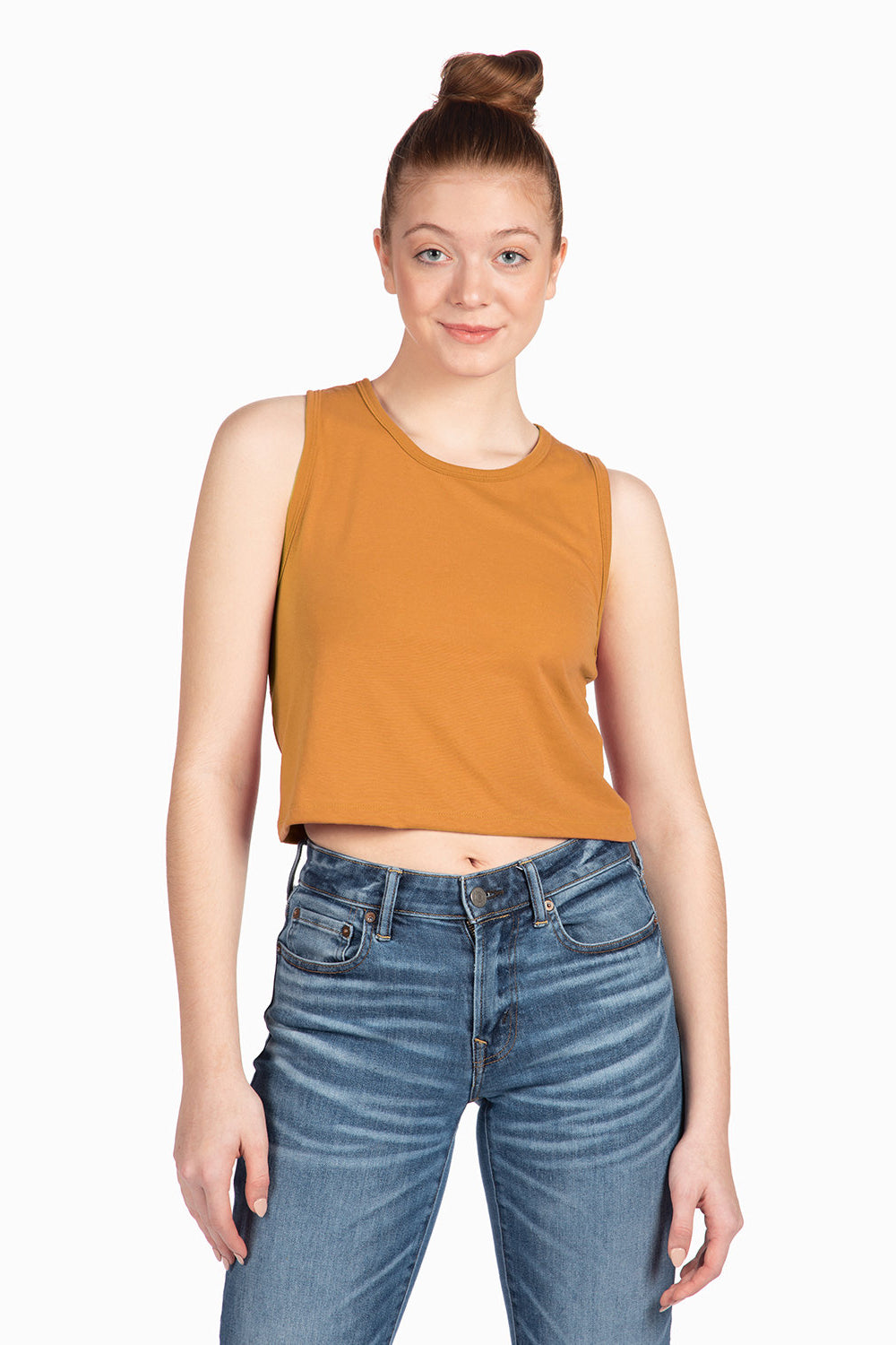 Next Level 5083 Womens Festival Cropped Tank Top Antique Gold Model Front