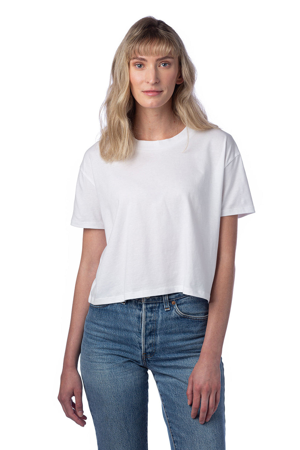 Alternative 5114C Womens Headliner Cropped Go To Short Sleeve Crewneck T-Shirt White Model Front