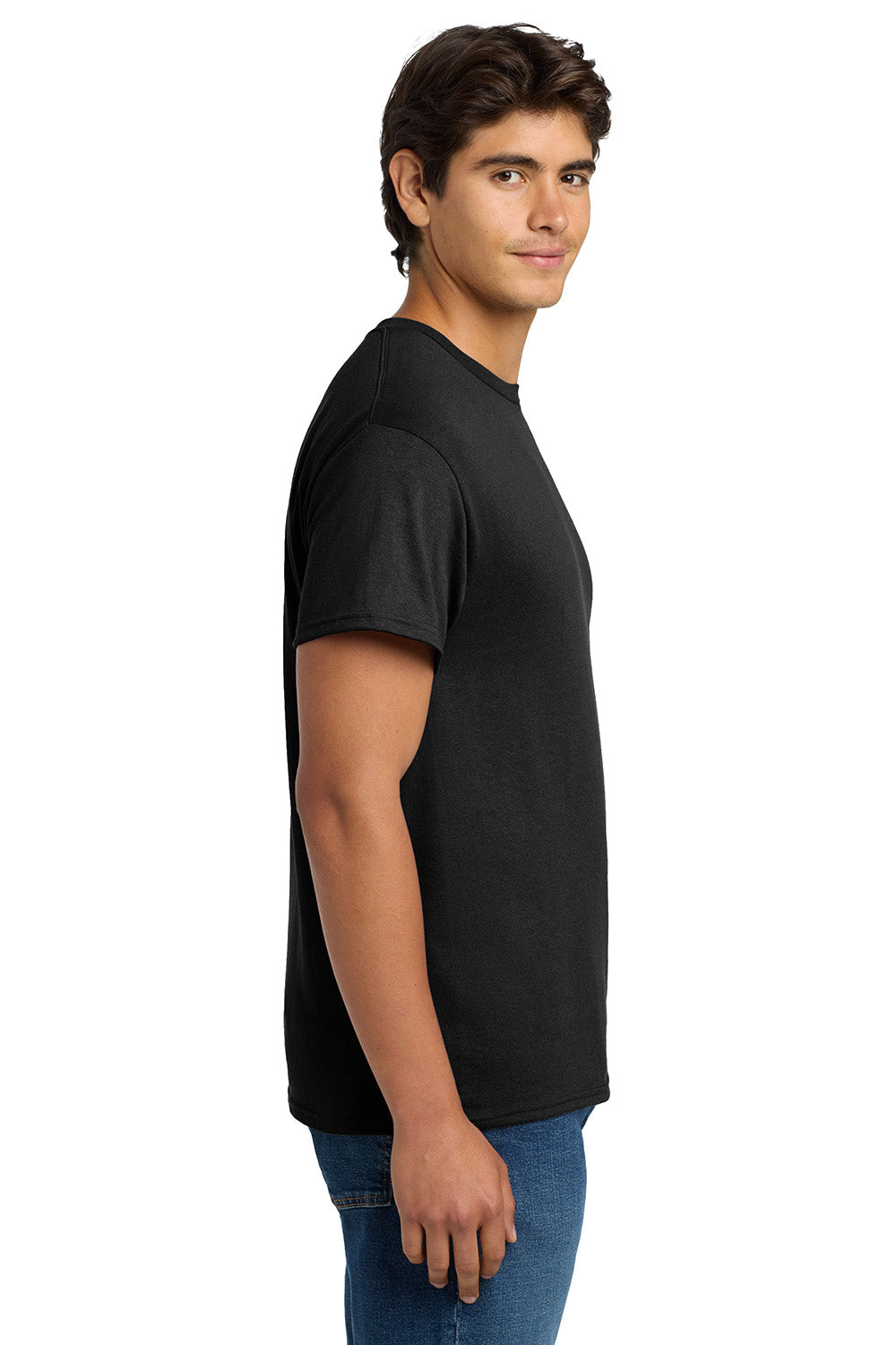 Hanes 5170 Mens EcoSmart Short Sleeve Crewneck T-Shirt Black Model Side