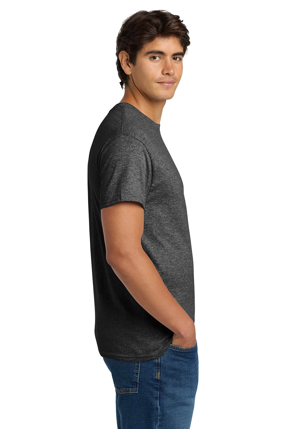 Hanes 5170 Mens EcoSmart Short Sleeve Crewneck T-Shirt Heather Charcoal Grey Model Side