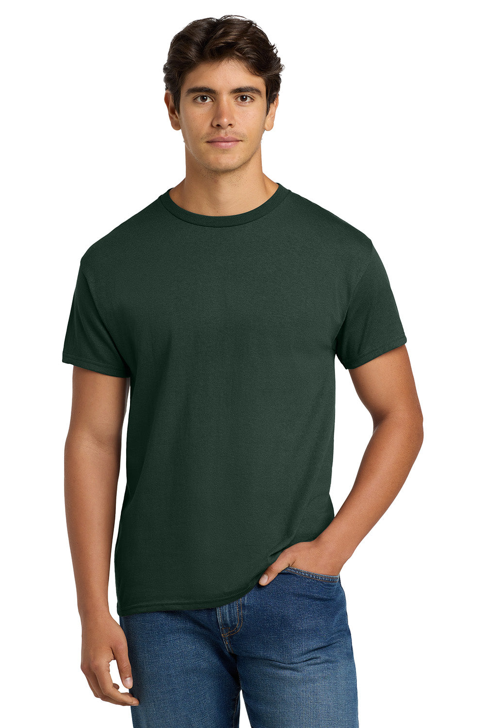 Hanes 5170 Mens EcoSmart Short Sleeve Crewneck T-Shirt Deep Forest Green Model Front