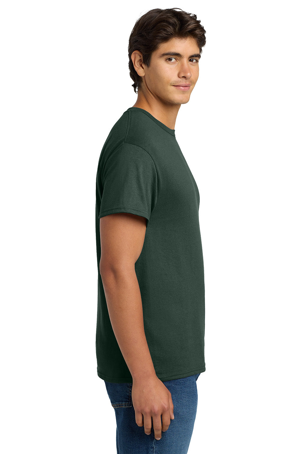 Hanes 5170 Mens EcoSmart Short Sleeve Crewneck T-Shirt Deep Forest Green Model Side