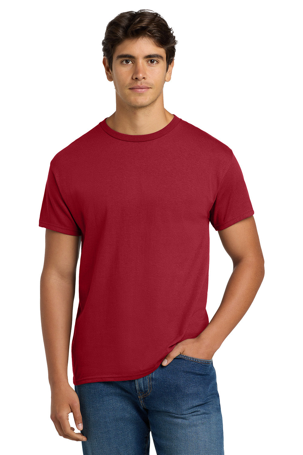 Hanes 5170 Mens EcoSmart Short Sleeve Crewneck T-Shirt Deep Red Model Front