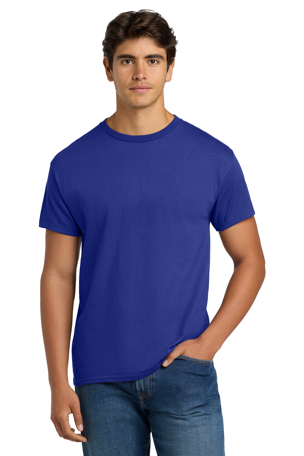 Hanes 5170 Mens EcoSmart Short Sleeve Crewneck T-Shirt Deep Royal Blue Model Front