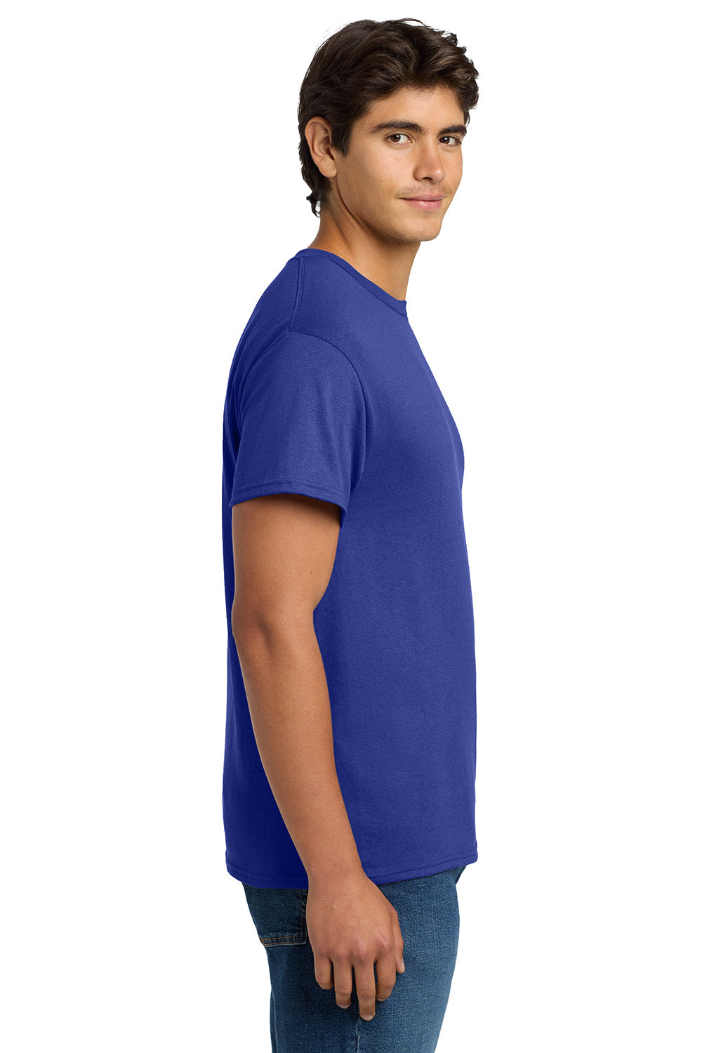 Hanes 5170 Mens EcoSmart Short Sleeve Crewneck T-Shirt Deep Royal Blue Model Side