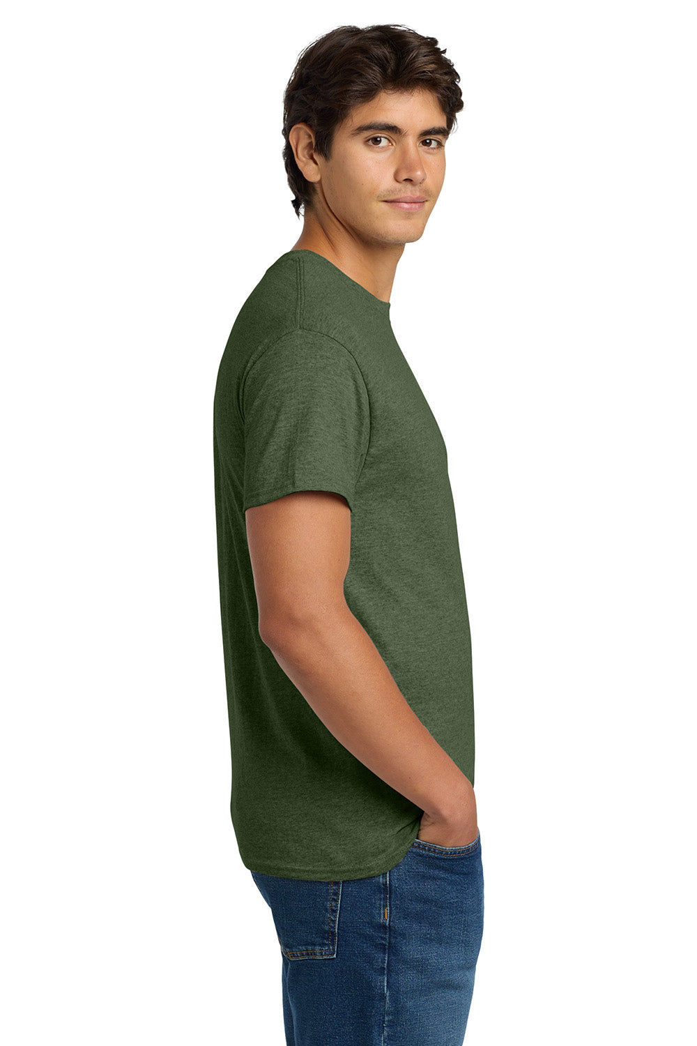 Hanes 5170 Mens EcoSmart Short Sleeve Crewneck T-Shirt Heather Green Model Side