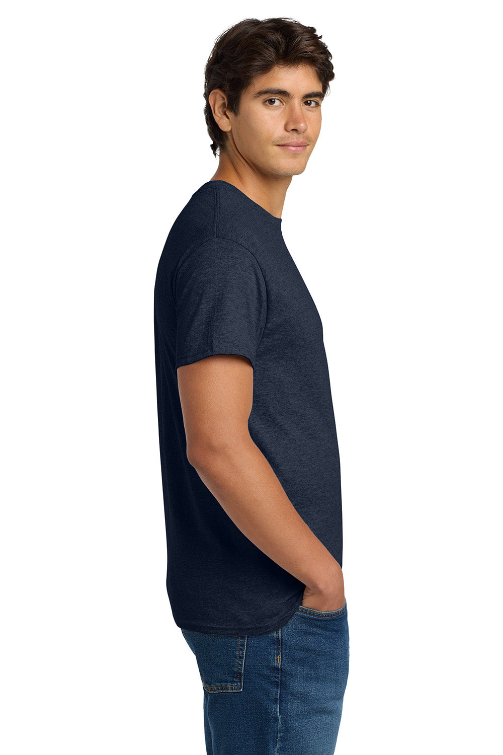 Hanes 5170 Mens EcoSmart Short Sleeve Crewneck T-Shirt Heather Navy Blue Model Side