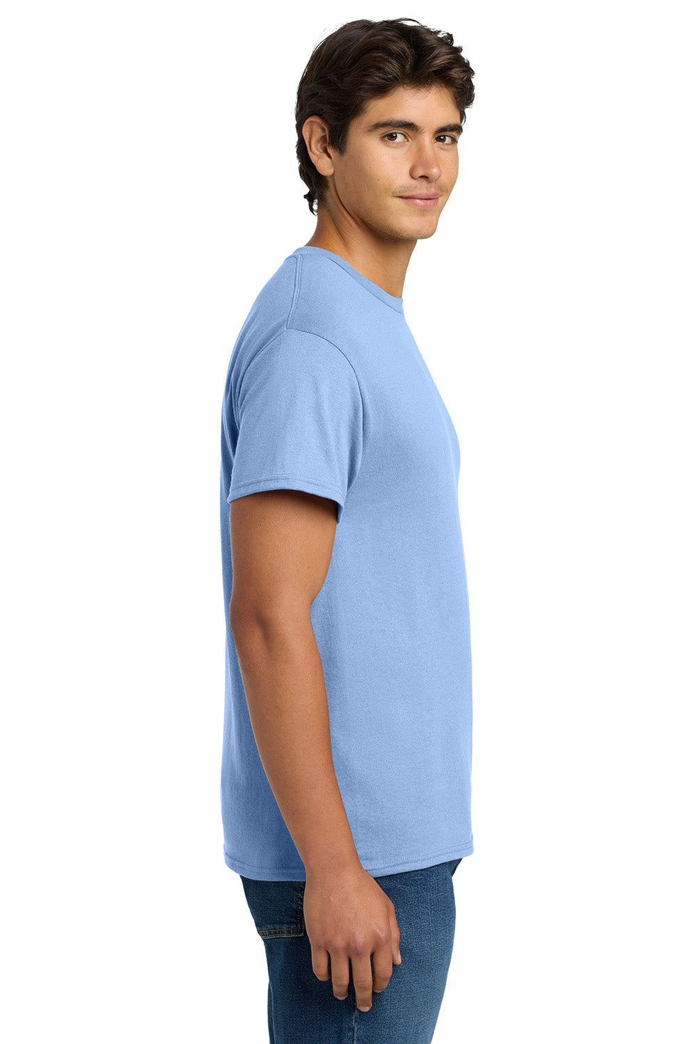 Hanes 5170 Mens EcoSmart Short Sleeve Crewneck T-Shirt Light Blue Model Side