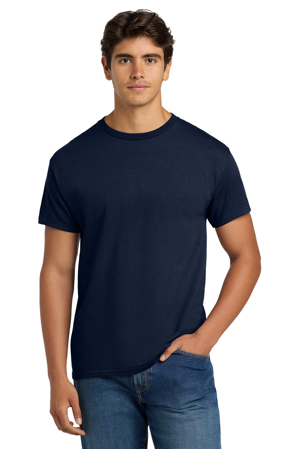 Hanes 5170 Mens EcoSmart Short Sleeve Crewneck T-Shirt Navy Blue Model Front