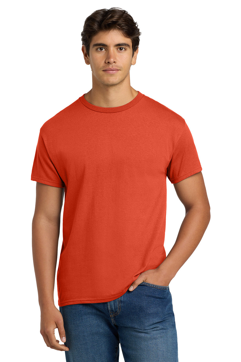 Hanes 5170 Mens EcoSmart Short Sleeve Crewneck T-Shirt Orange Model Front