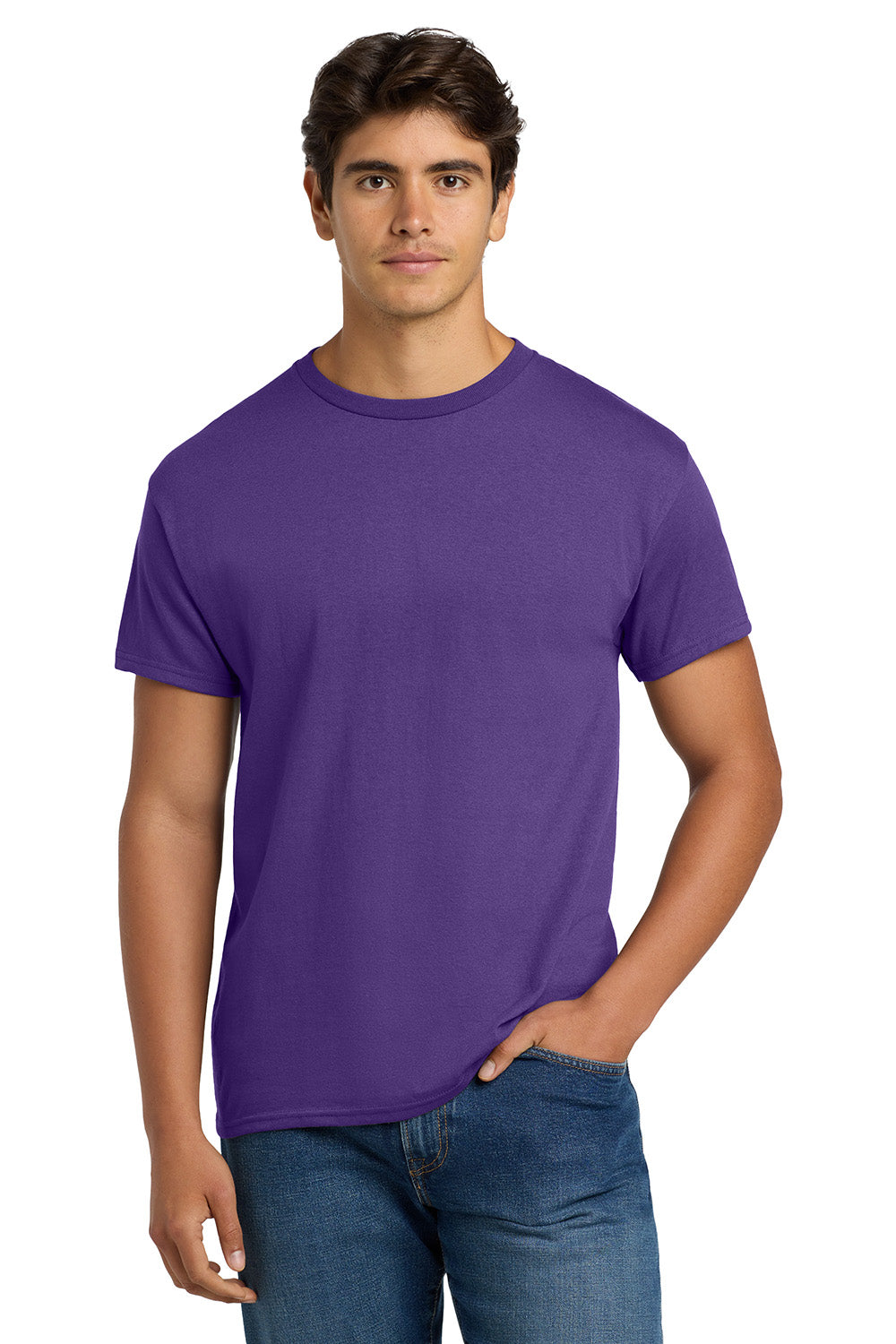 Hanes 5170 Mens EcoSmart Short Sleeve Crewneck T-Shirt Purple Model Front