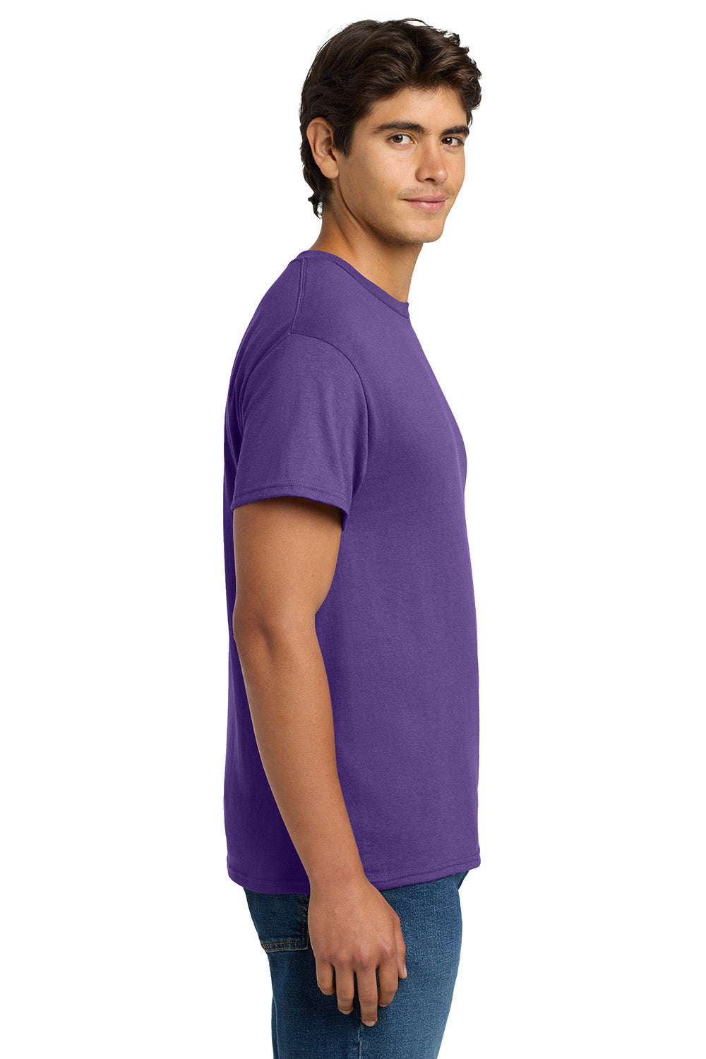 Hanes 5170 Mens EcoSmart Short Sleeve Crewneck T-Shirt Purple Model Side