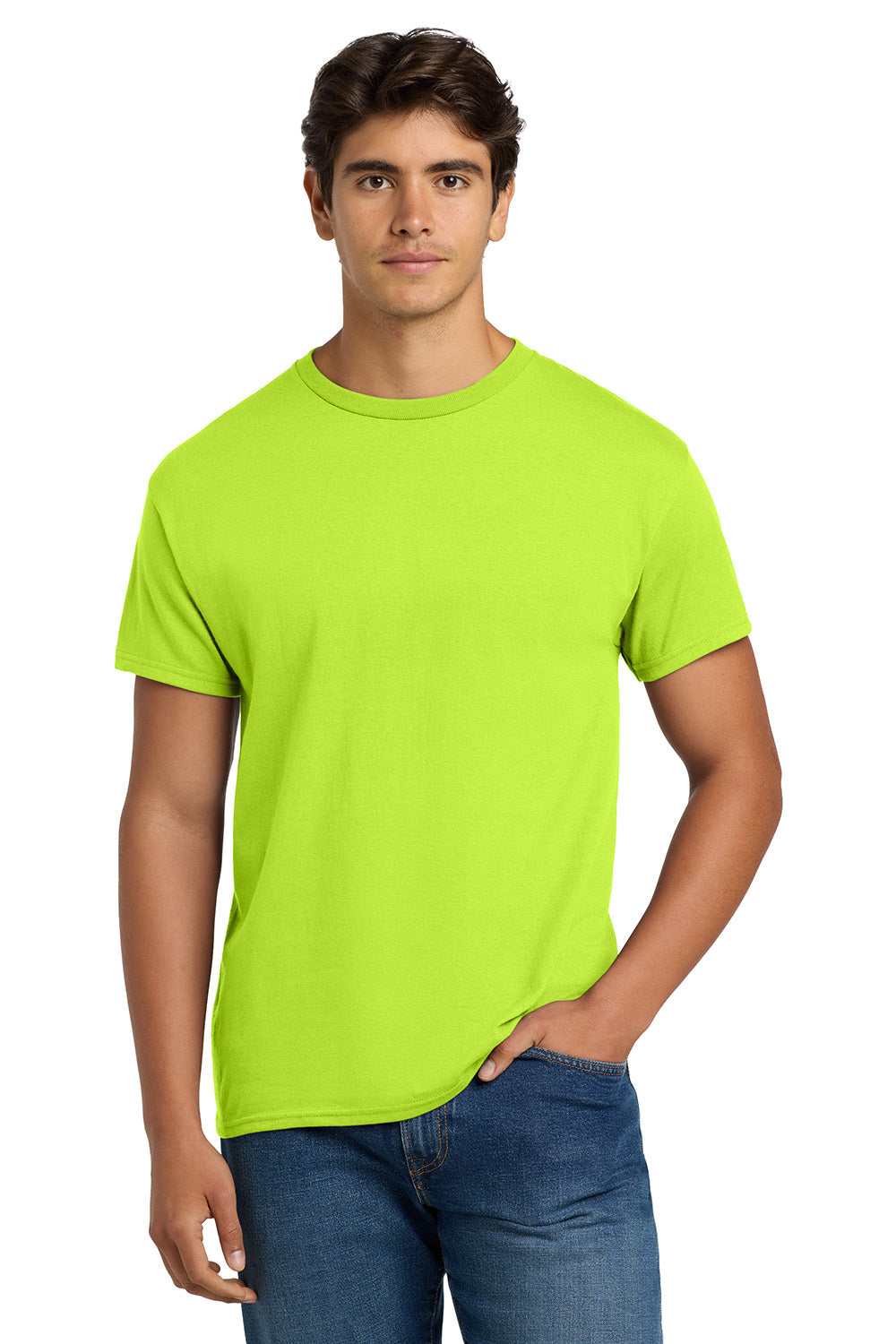 Hanes 5170 Mens EcoSmart Short Sleeve Crewneck T-Shirt Safety Green Model Front