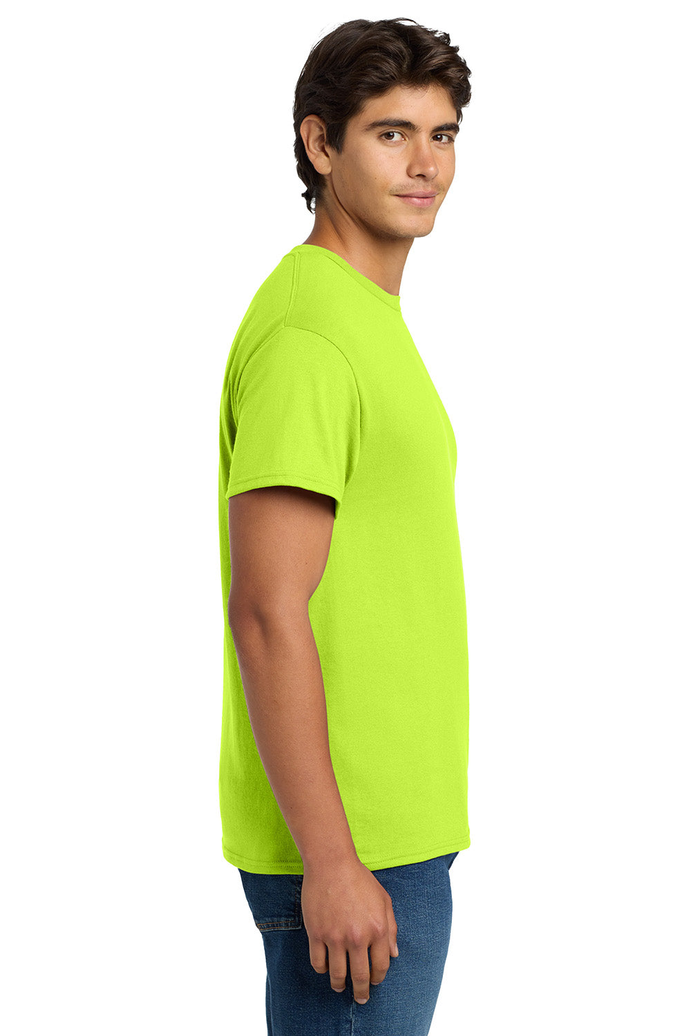 Hanes 5170 Mens EcoSmart Short Sleeve Crewneck T-Shirt Safety Green Model Side