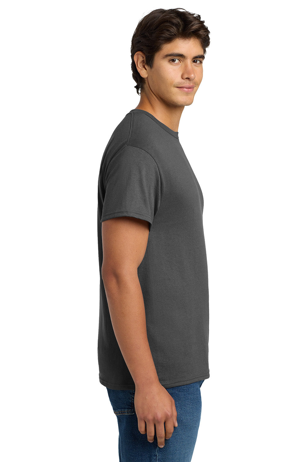 Hanes 5170 Mens EcoSmart Short Sleeve Crewneck T-Shirt Smoke Grey Model Side