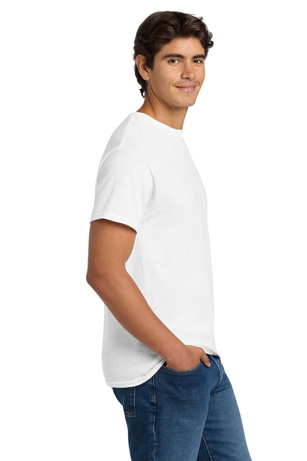 Hanes 5170 Mens EcoSmart Short Sleeve Crewneck T-Shirt White Model Side