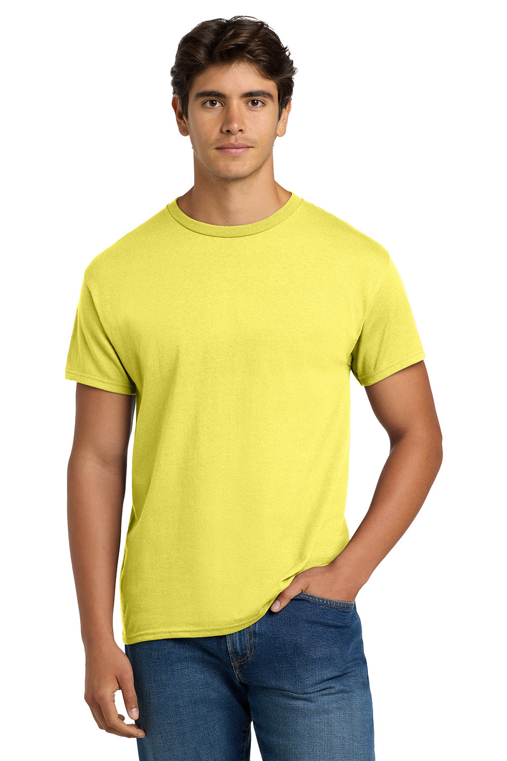 Hanes 5170 Mens EcoSmart Short Sleeve Crewneck T-Shirt Yellow Model Front