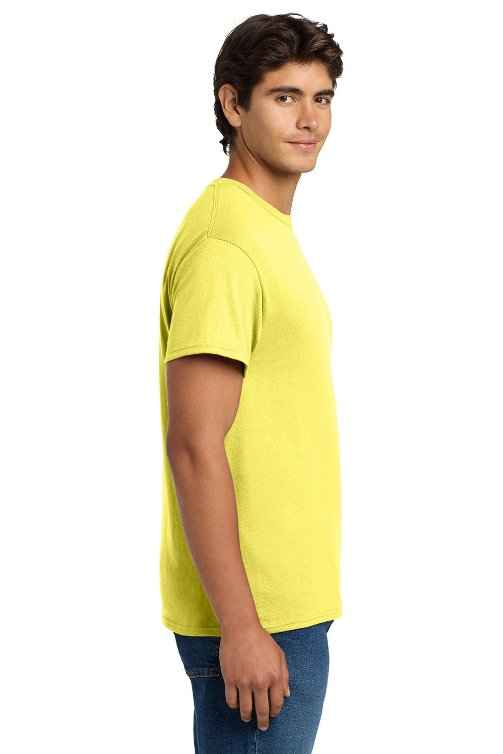 Hanes 5170 Mens EcoSmart Short Sleeve Crewneck T-Shirt Yellow Model Side