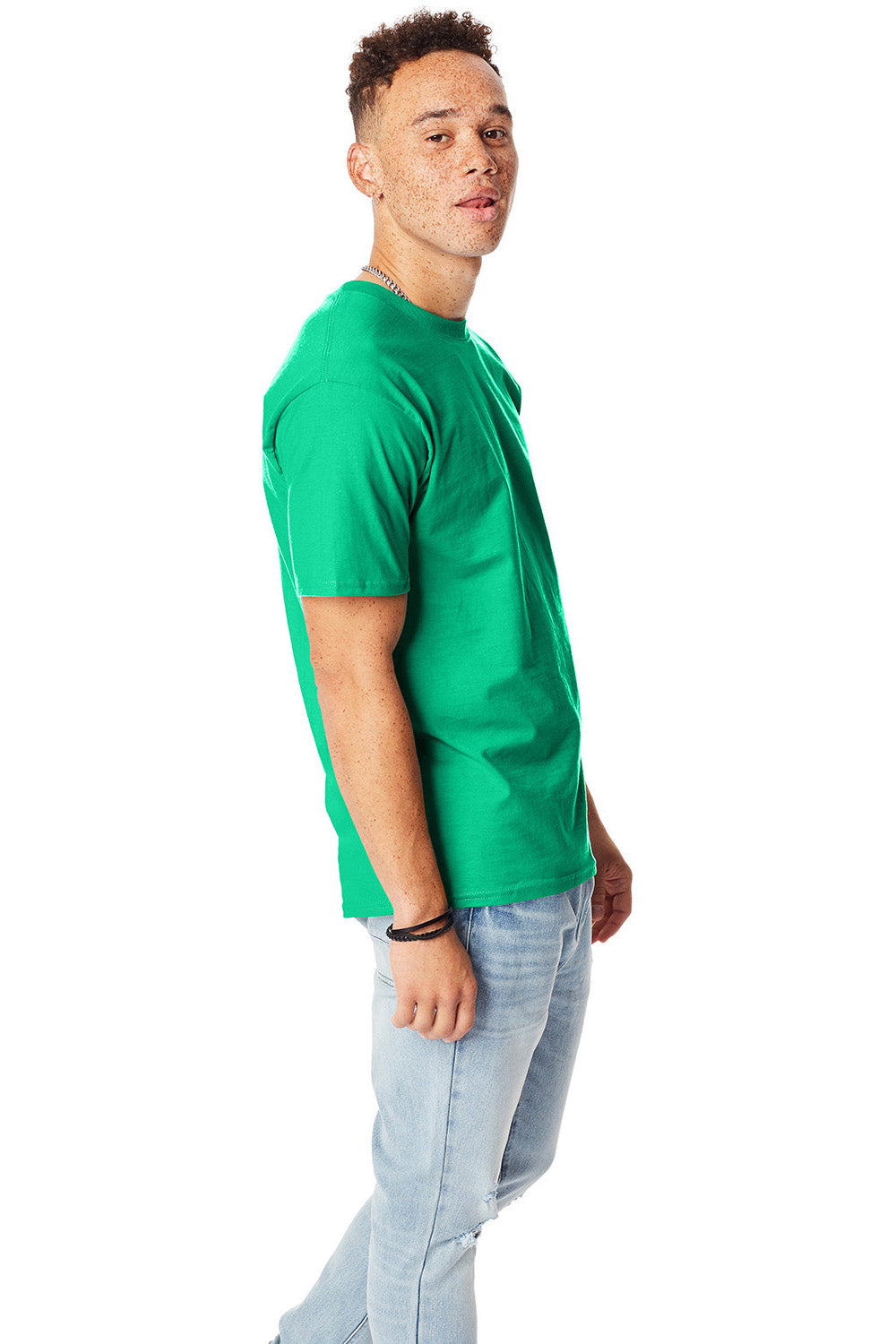 Hanes 5180/518T Mens Beefy-T Short Sleeve Crewneck T-Shirt Kelly Green Model Side