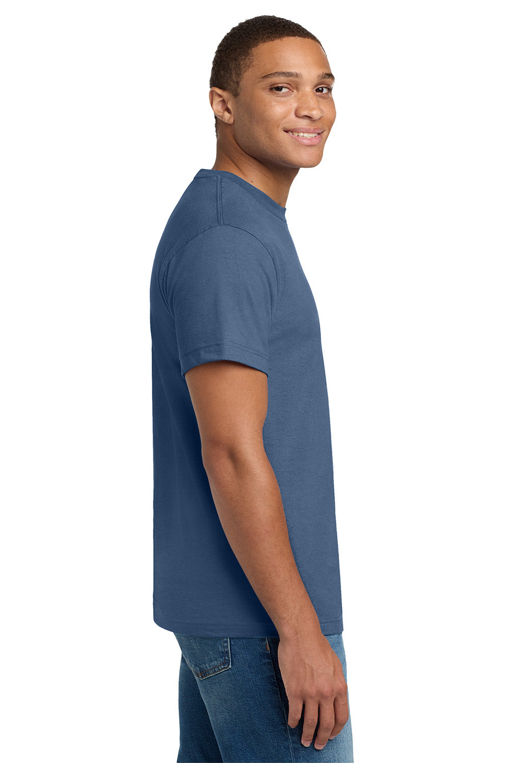 Hanes 5180/518T Mens Beefy-T Short Sleeve Crewneck T-Shirt Denim Blue Model Side