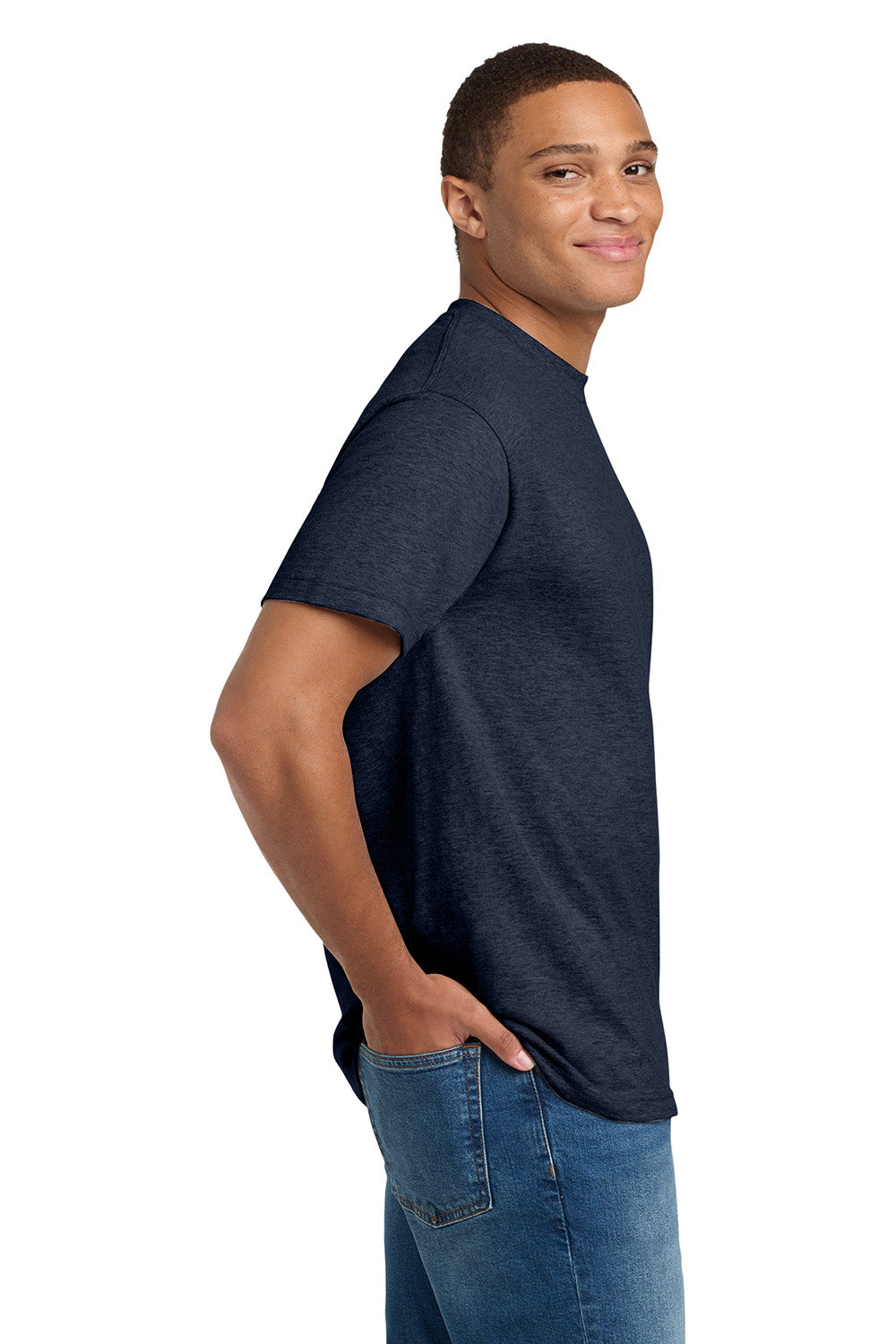 Hanes 5180/518T Mens Beefy-T Short Sleeve Crewneck T-Shirt Heather Navy Blue Model Side