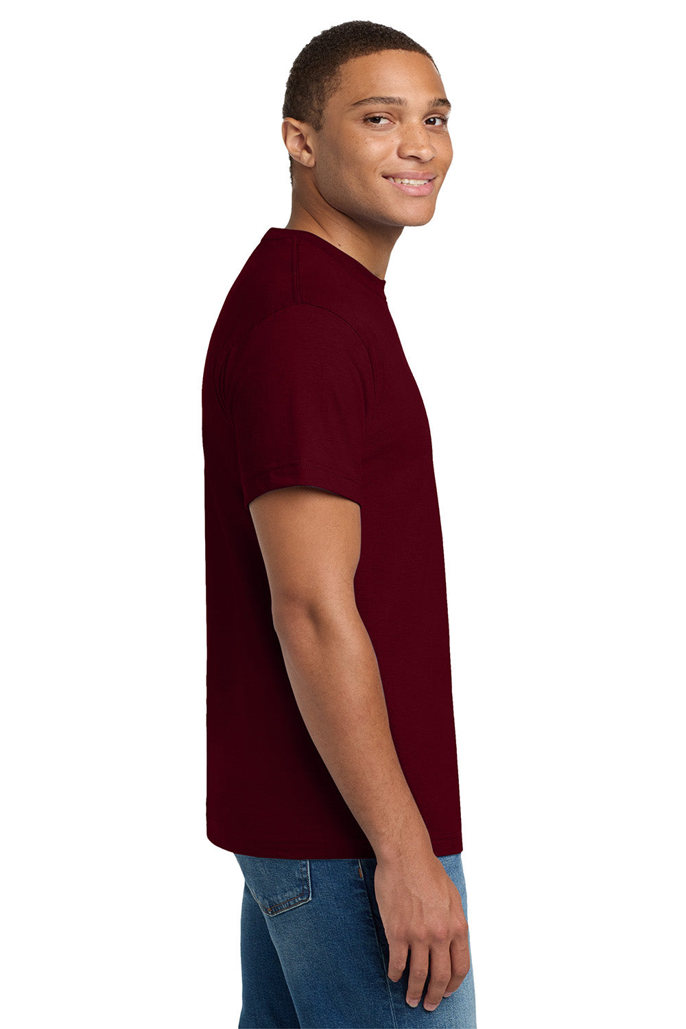 Hanes 5180/518T Mens Beefy-T Short Sleeve Crewneck T-Shirt Maroon Model Side