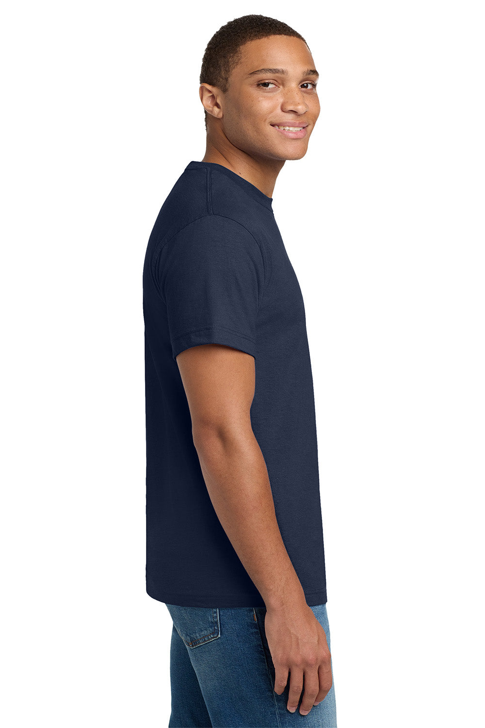 Hanes 5180/518T Mens Beefy-T Short Sleeve Crewneck T-Shirt Navy Blue Model Side