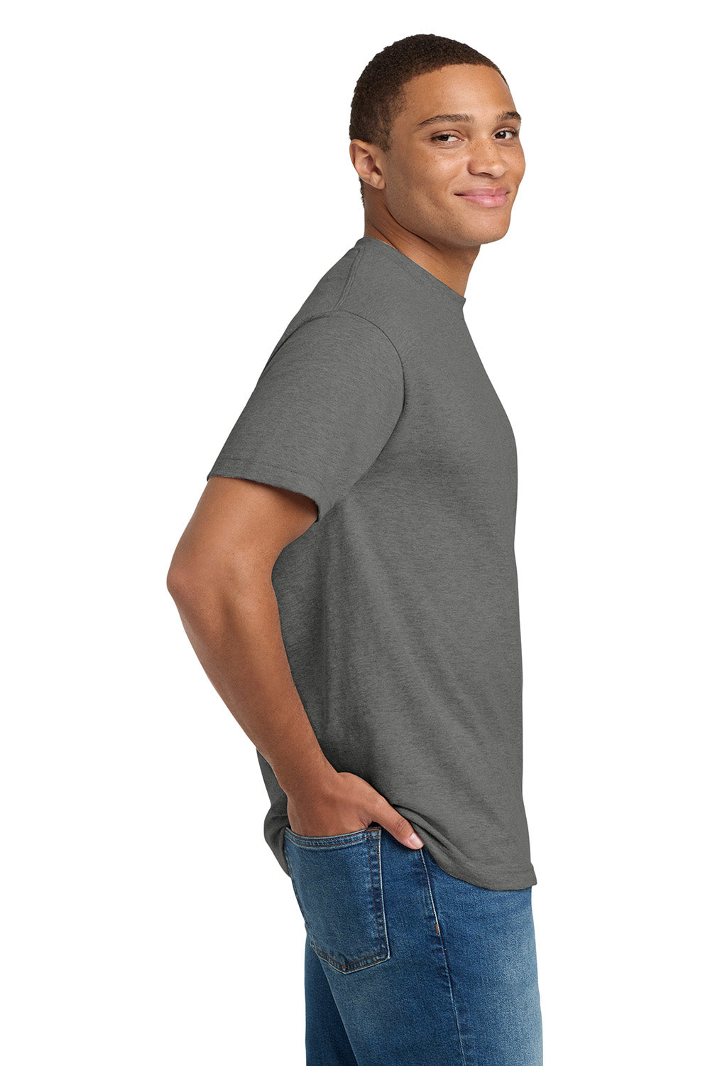 Hanes 5180/518T Mens Beefy-T Short Sleeve Crewneck T-Shirt Oxford Grey Model Side