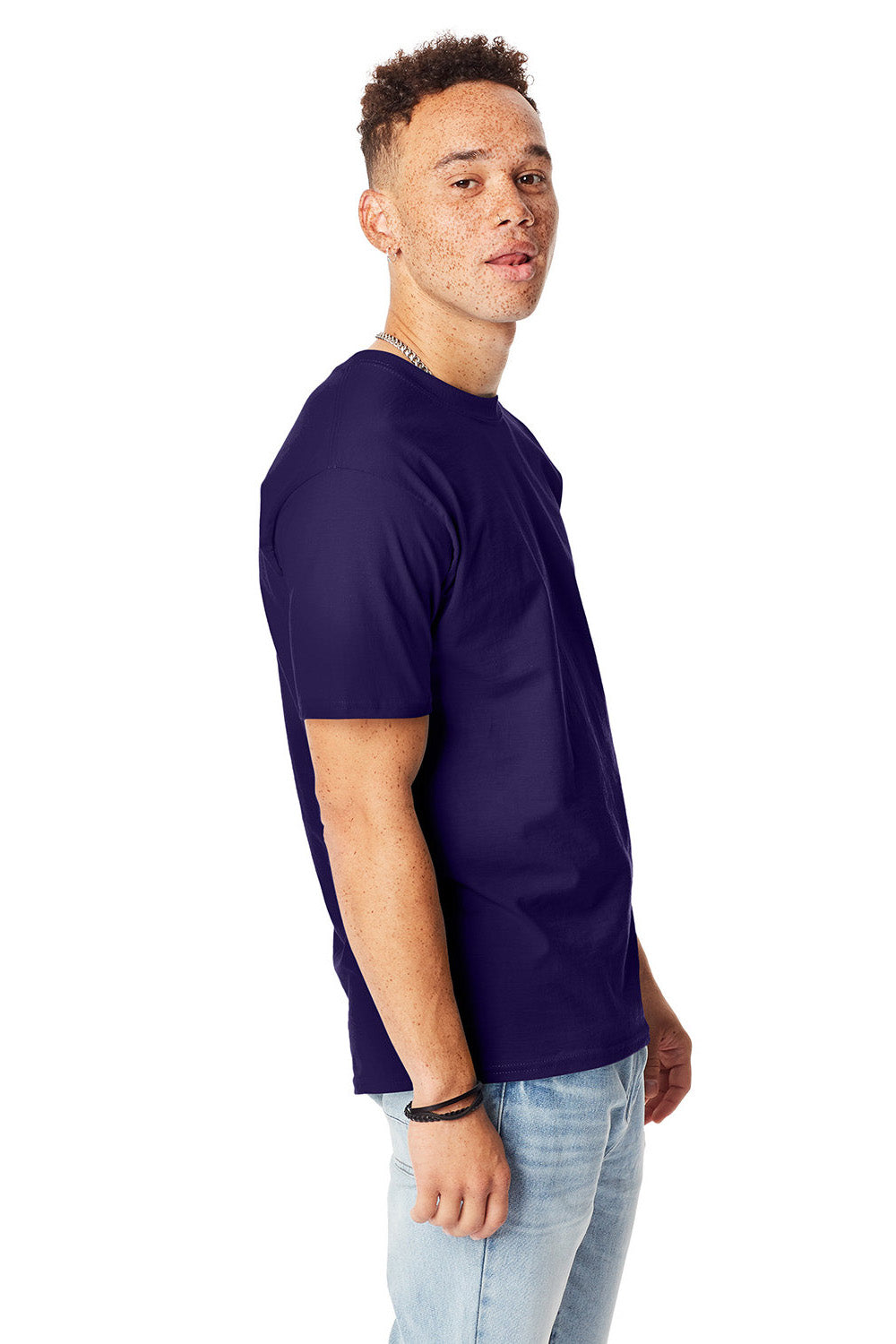 Hanes 5180/518T Mens Beefy-T Short Sleeve Crewneck T-Shirt Grape Smash Purple Model Side