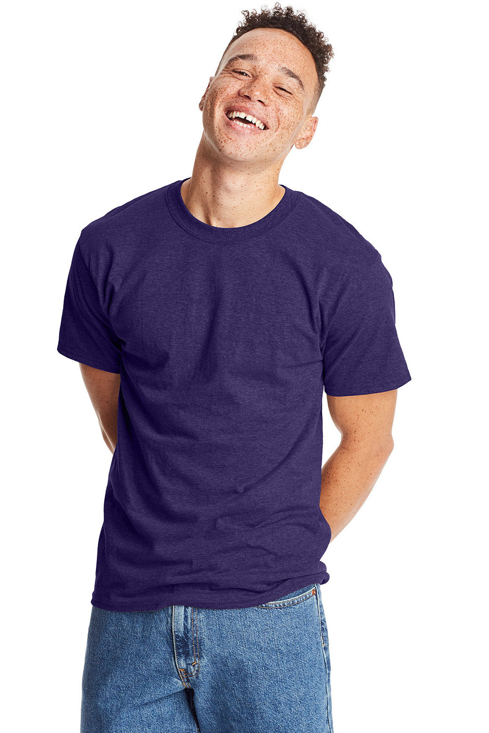 Hanes 5180/518T Mens Beefy-T Short Sleeve Crewneck T-Shirt Heather Grape Smash Purple Model Front