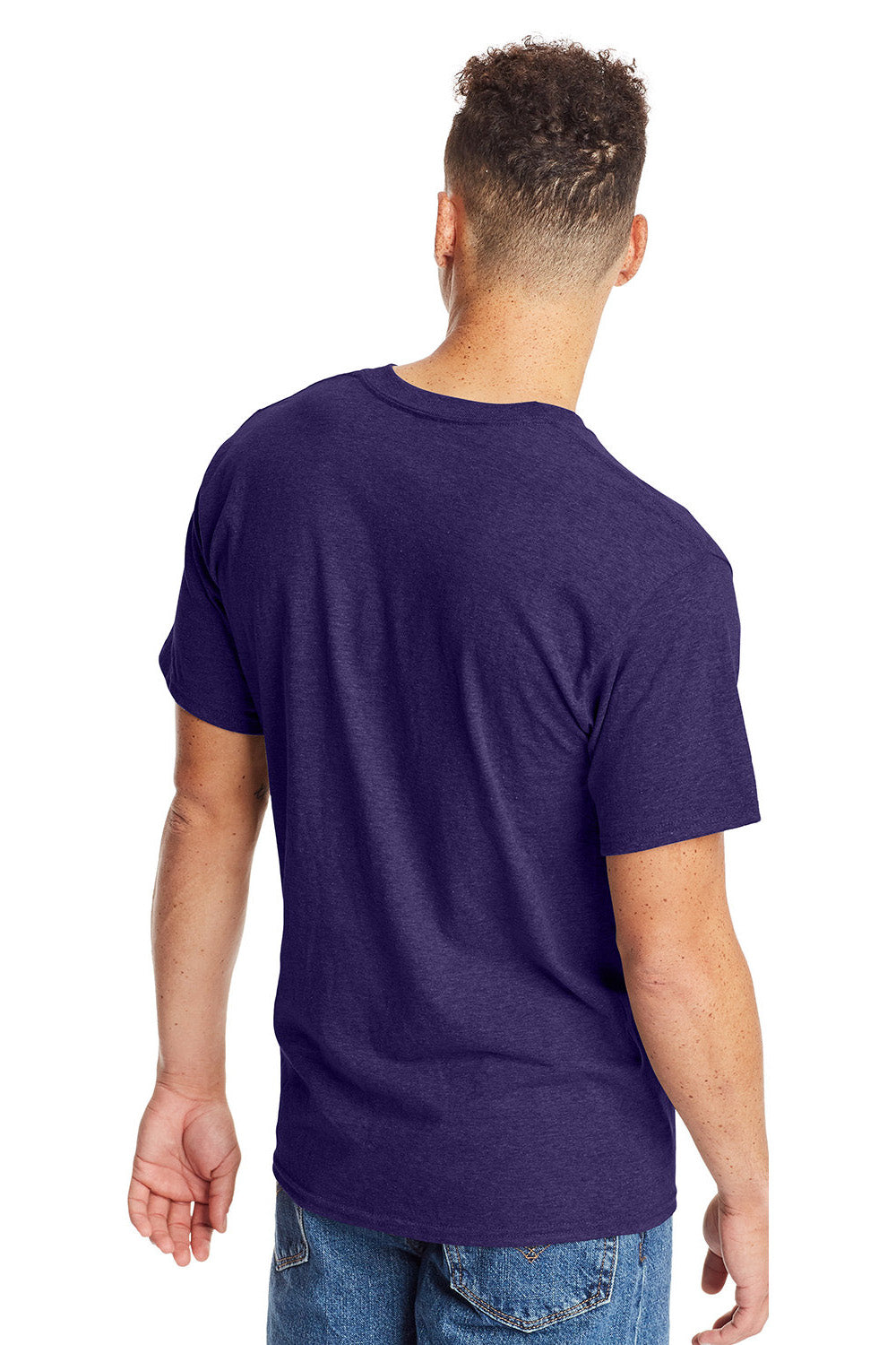 Hanes 5180/518T Mens Beefy-T Short Sleeve Crewneck T-Shirt Heather Grape Smash Purple Model Back