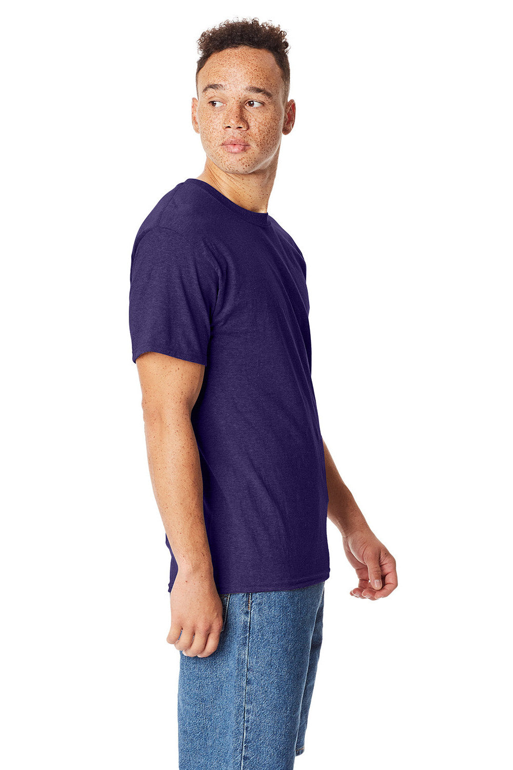 Hanes 5180/518T Mens Beefy-T Short Sleeve Crewneck T-Shirt Heather Grape Smash Purple Model Side