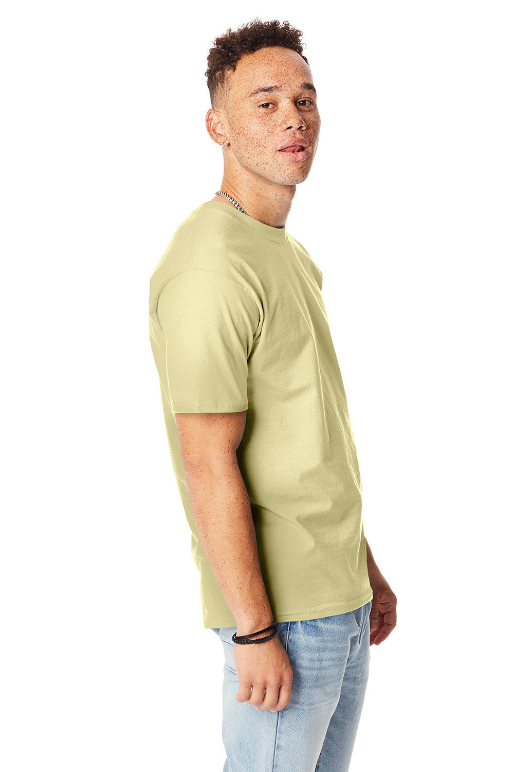 Hanes 5180/518T Mens Beefy-T Short Sleeve Crewneck T-Shirt Lemon Meringue Yellow Model Side