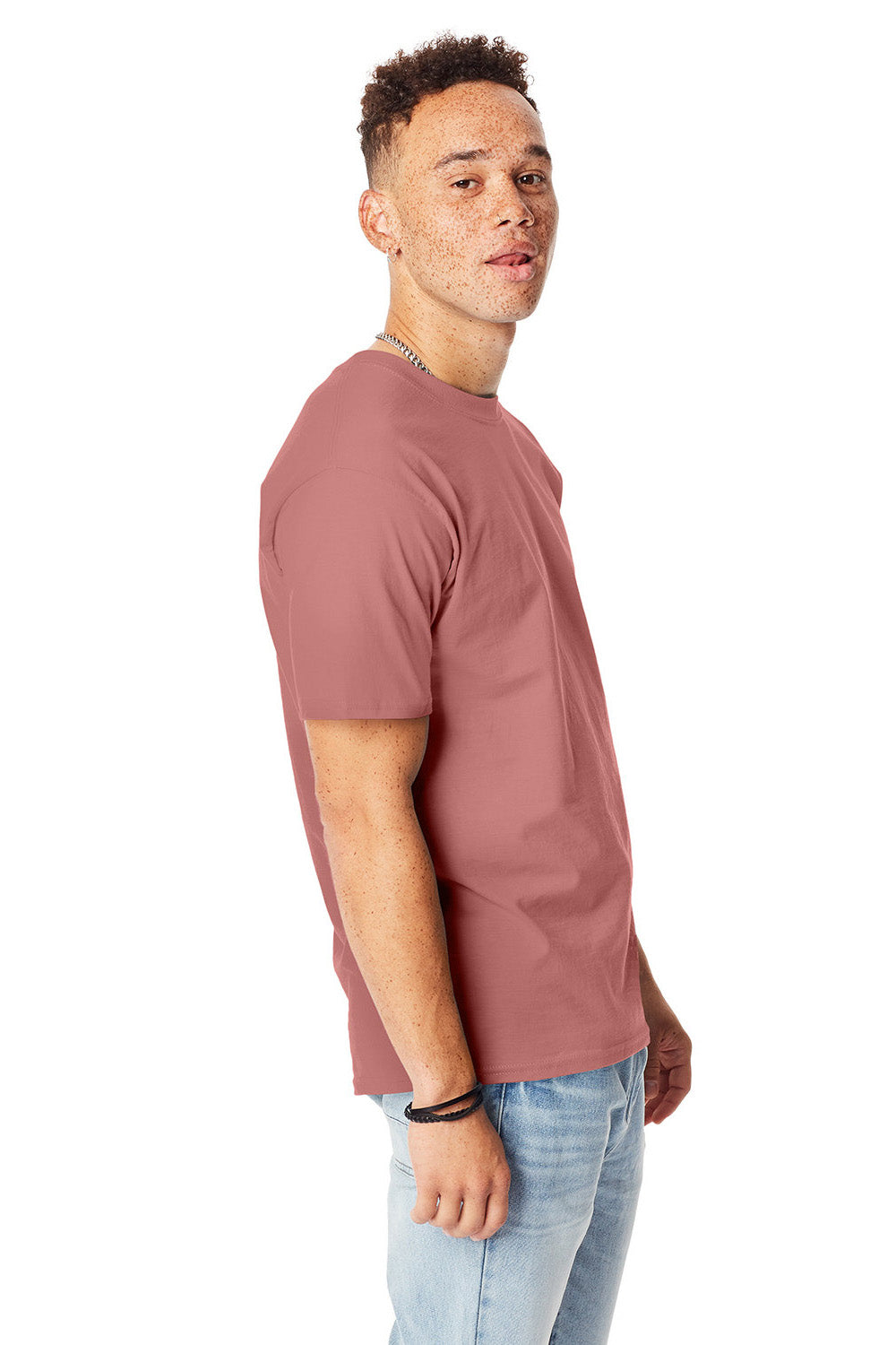 Hanes 5180/518T Mens Beefy-T Short Sleeve Crewneck T-Shirt Mauve Model Side