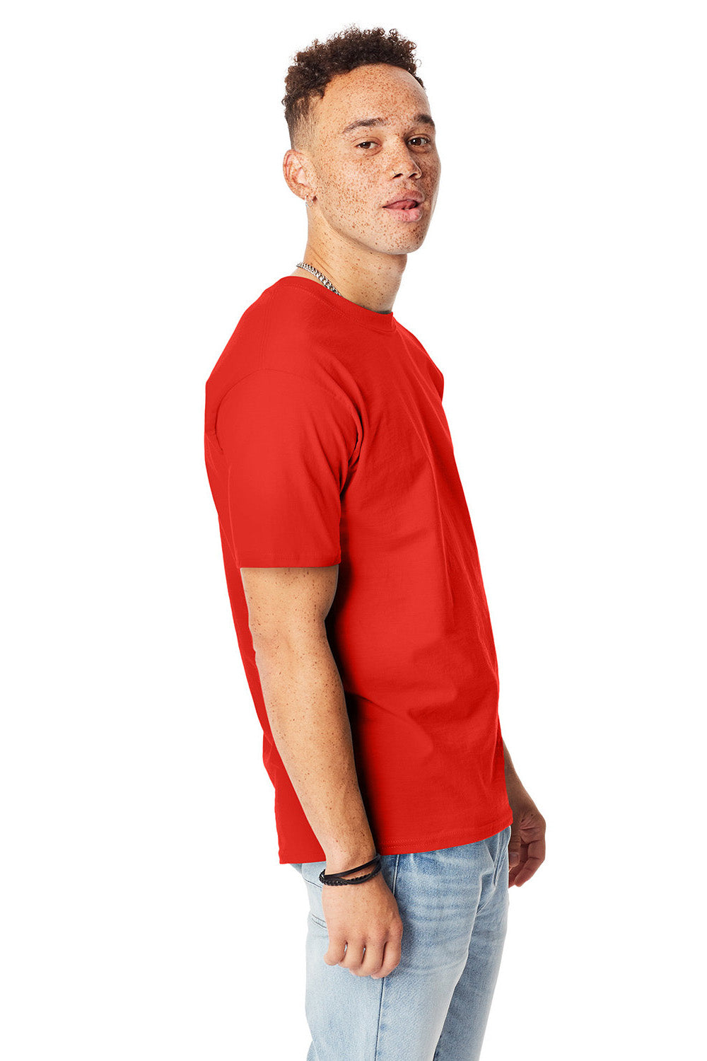 Hanes 5180/518T Mens Beefy-T Short Sleeve Crewneck T-Shirt Poppy Red Model Side