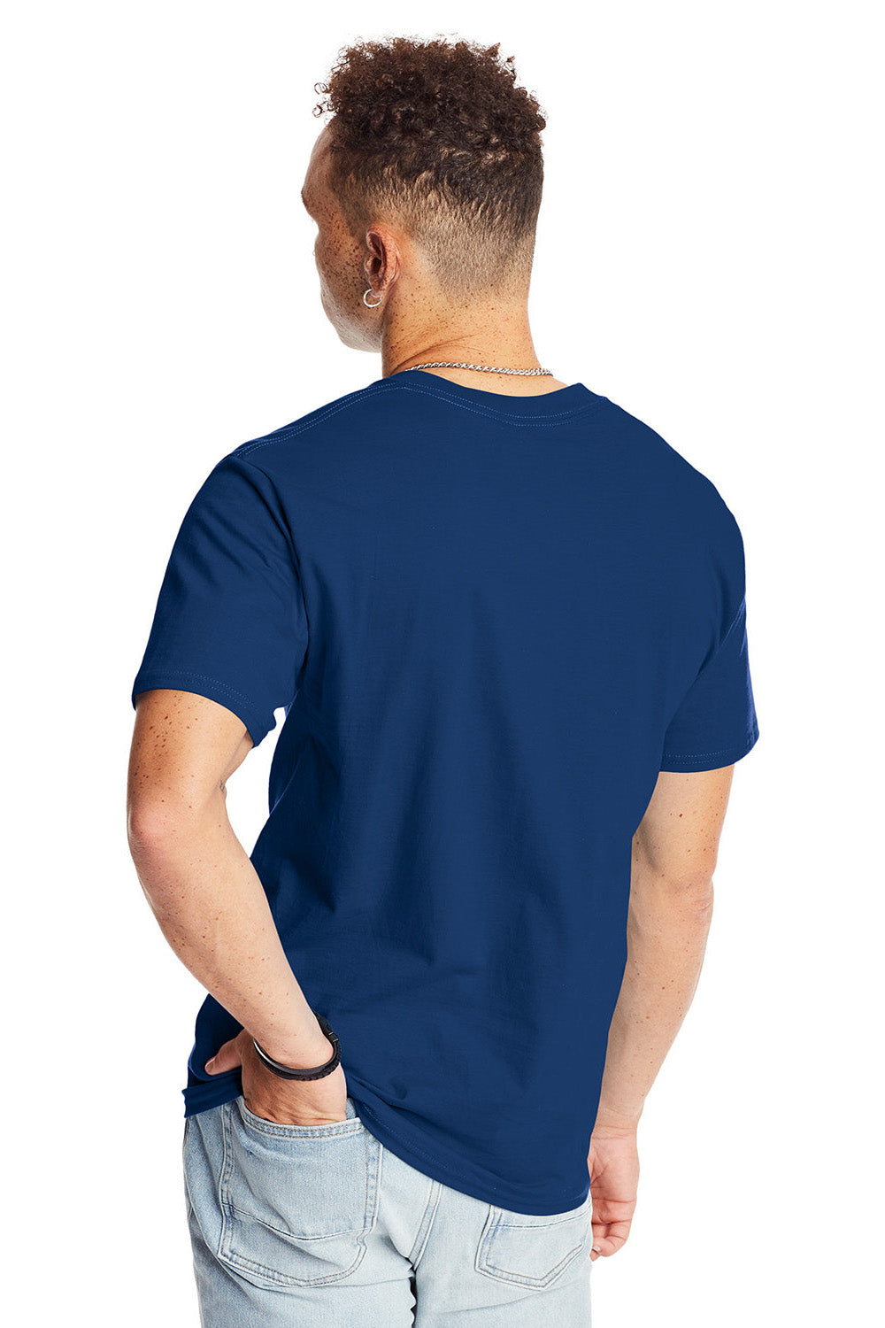 Hanes 5180/518T Mens Beefy-T Short Sleeve Crewneck T-Shirt Regal Navy Blue Model Back