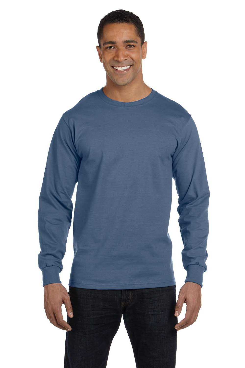 Hanes 5186 Mens Beefy-T Long Sleeve Crewneck T-Shirt Denim Blue Model Front