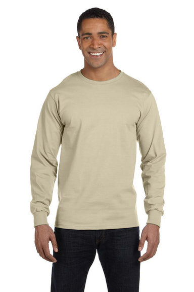 Hanes 5186 Mens Beefy-T Long Sleeve Crewneck T-Shirt Sand Model Front