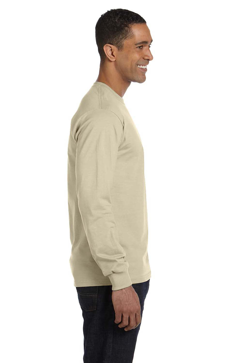 Hanes 5186 Mens Beefy-T Long Sleeve Crewneck T-Shirt Sand Model Side