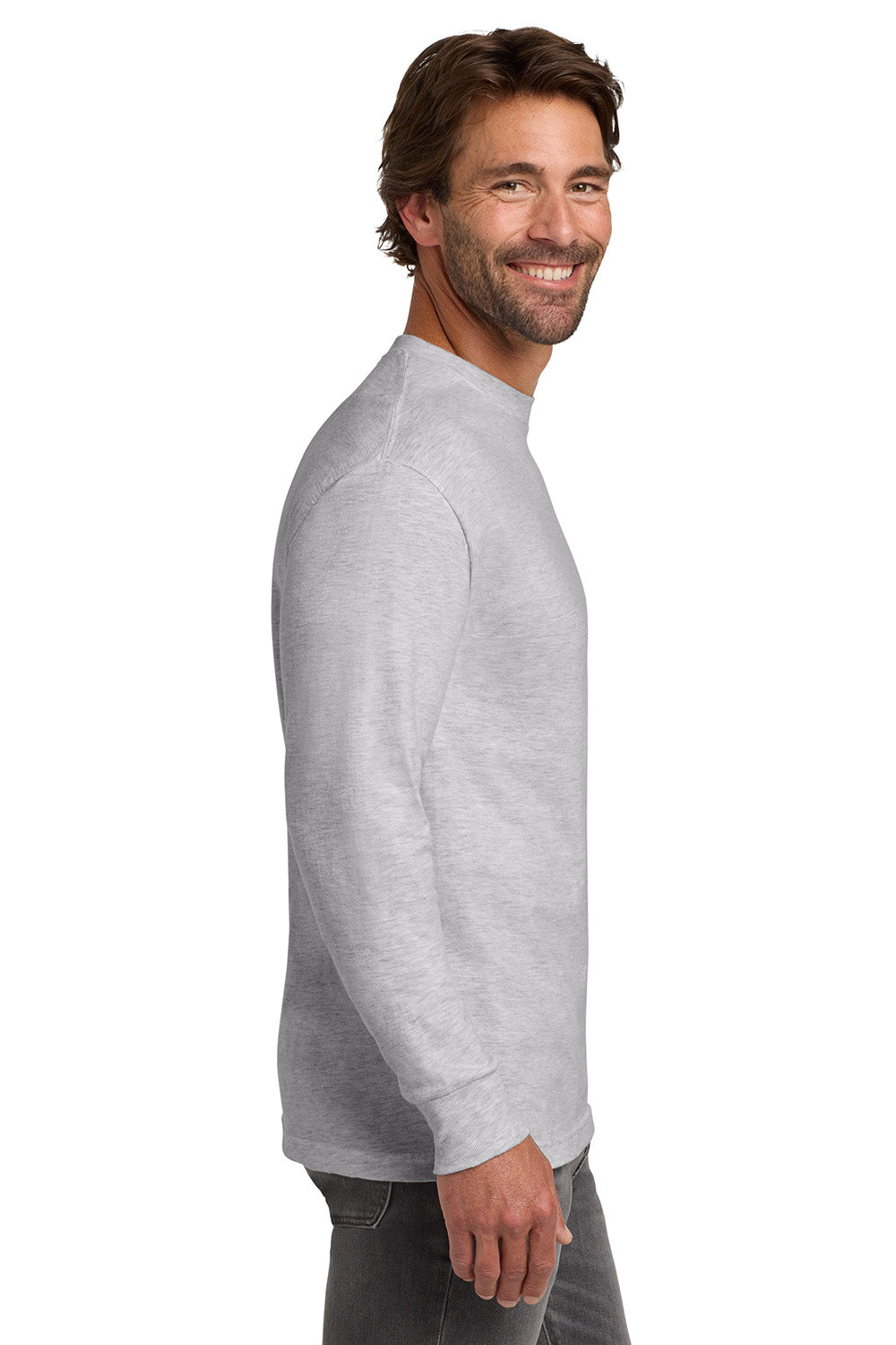 Hanes 5186 Mens Beefy-T Long Sleeve Crewneck T-Shirt Ash Grey Model Side