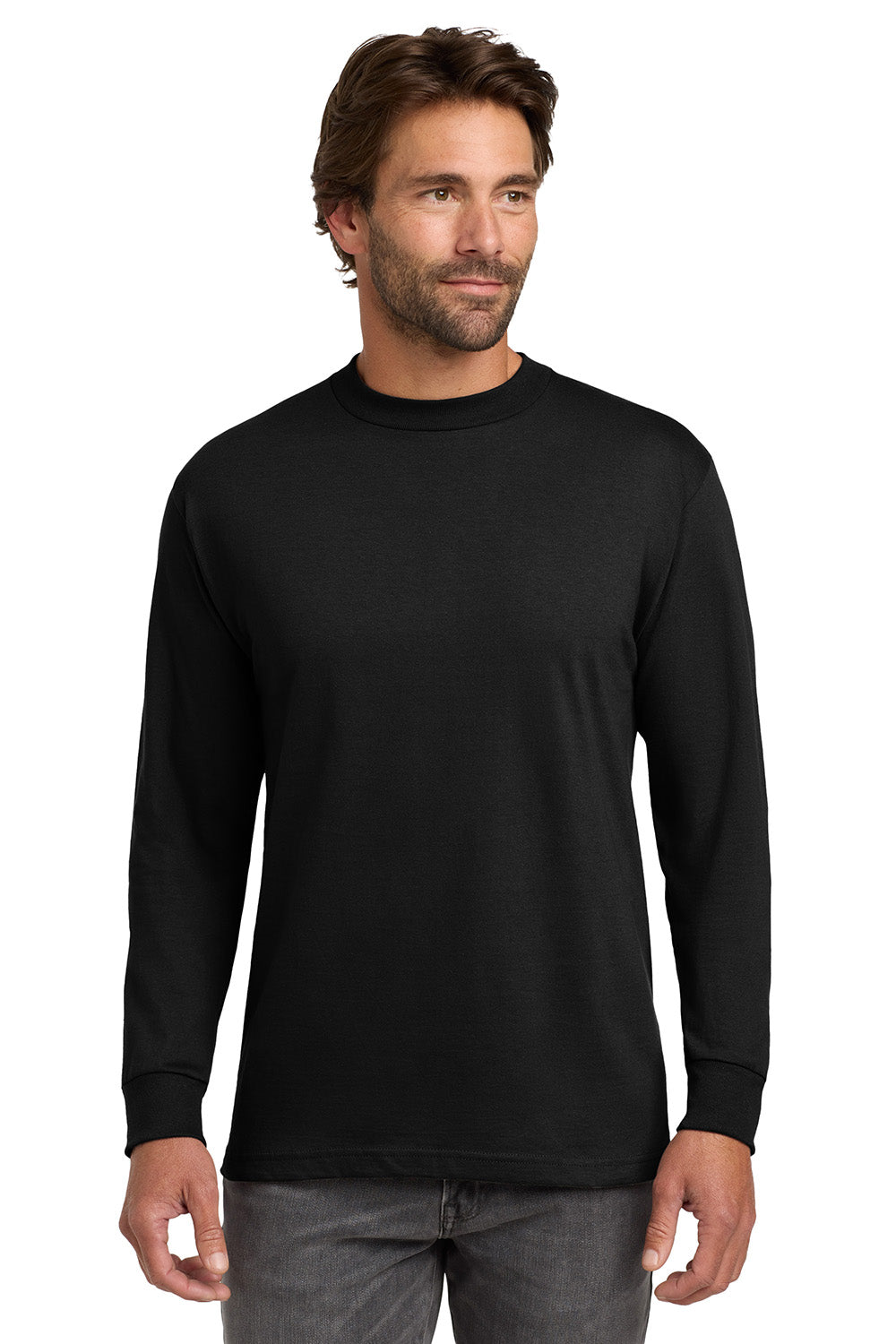 Hanes 5186 Mens Beefy-T Long Sleeve Crewneck T-Shirt Black Model Front