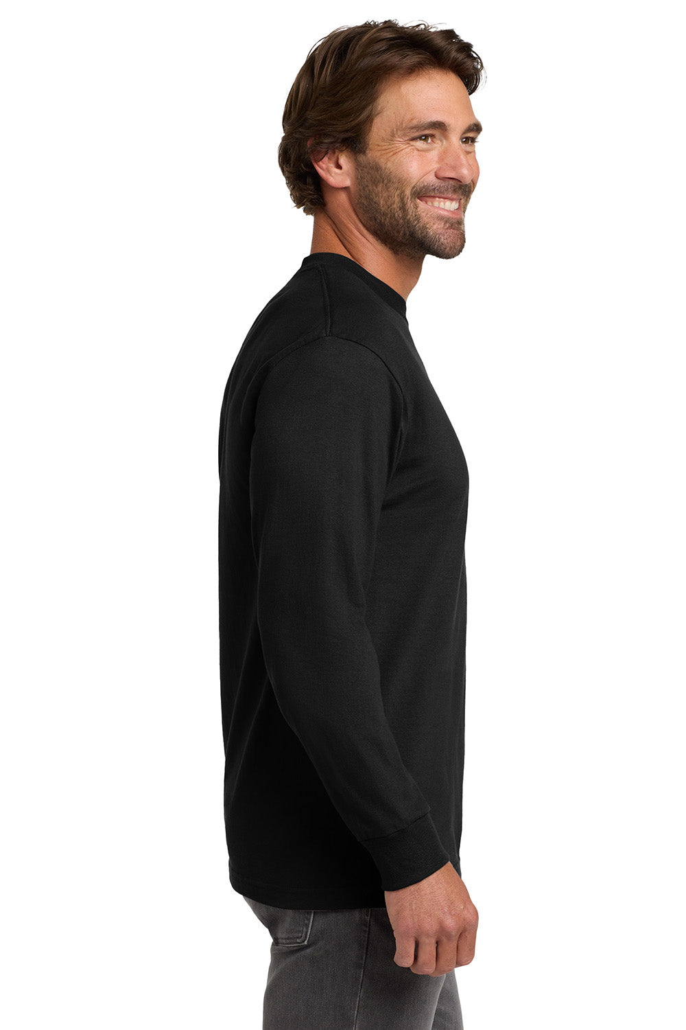 Hanes 5186 Mens Beefy-T Long Sleeve Crewneck T-Shirt Black Model Side