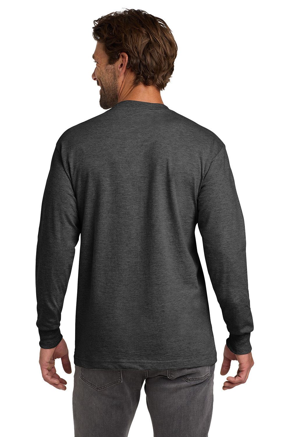 Hanes 5186 Mens Beefy-T Long Sleeve Crewneck T-Shirt Heather Charcoal Grey Model Back