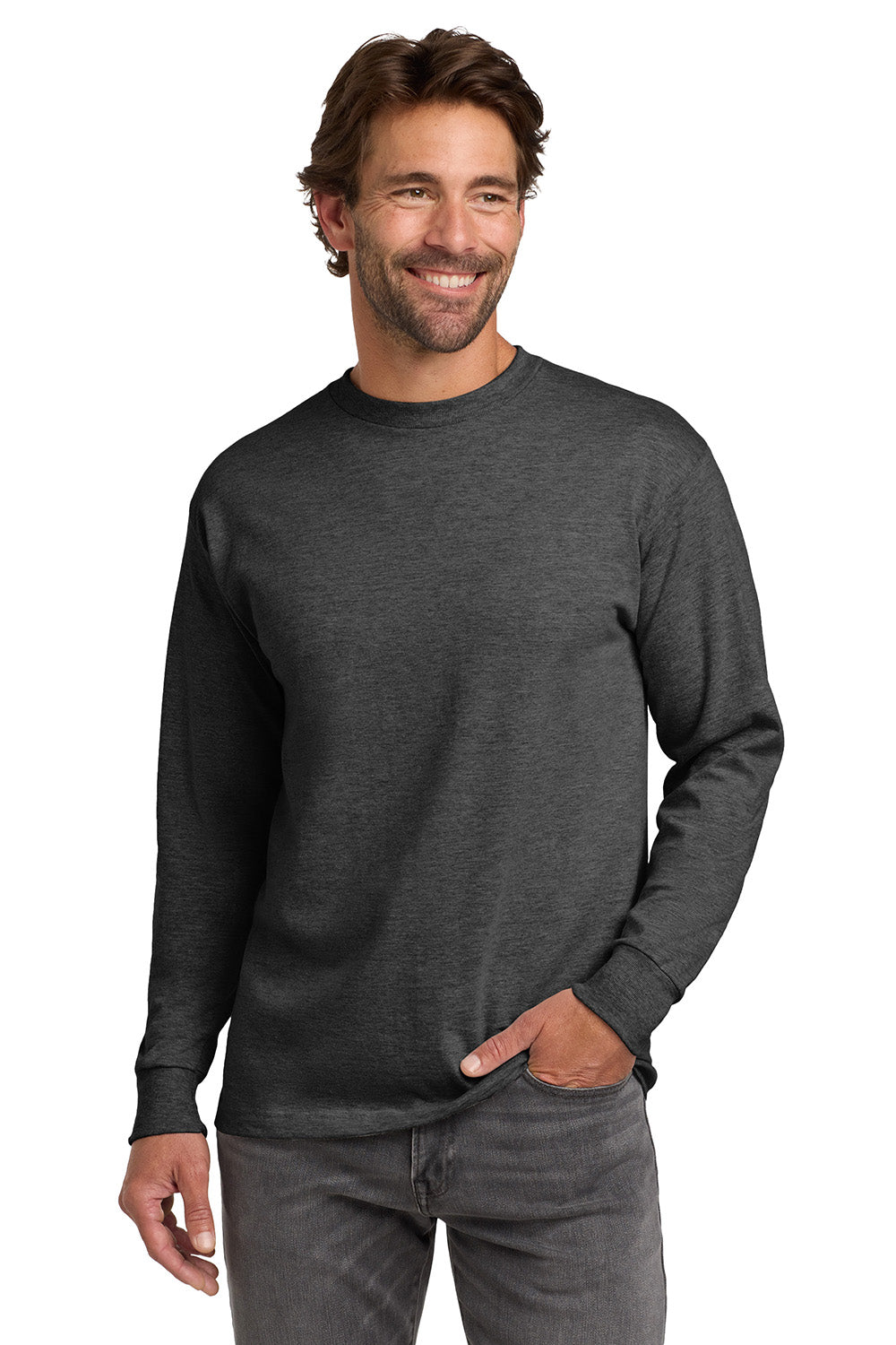 Hanes 5186 Mens Beefy-T Long Sleeve Crewneck T-Shirt Heather Charcoal Grey Model Front