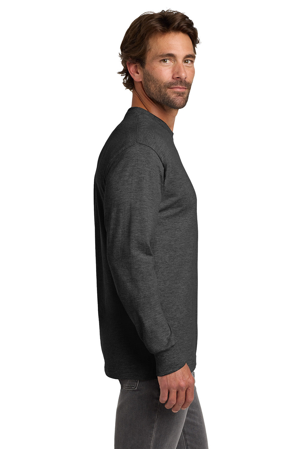 Hanes 5186 Mens Beefy-T Long Sleeve Crewneck T-Shirt Heather Charcoal Grey Model Side