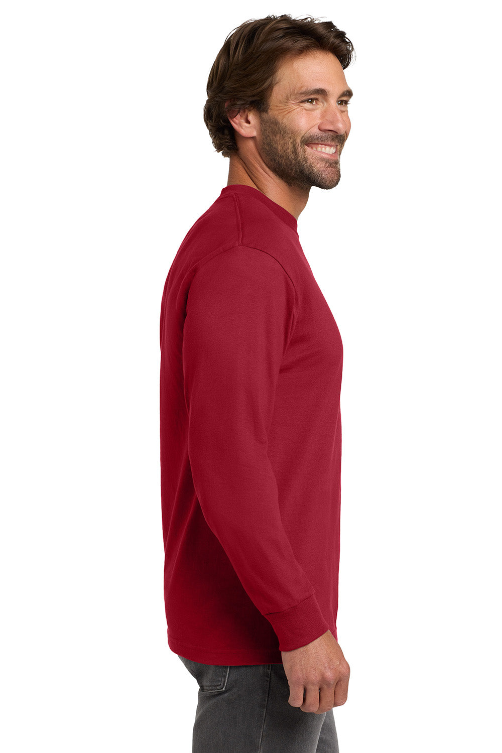 Hanes 5186 Mens Beefy-T Long Sleeve Crewneck T-Shirt Deep Red Model Side